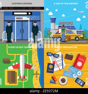 Airport departure concept 4 flat icons square composition with travel documents and custom control abstract isolated vector illustration Stock Vector