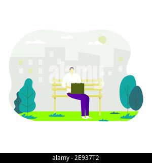People walking in the park, man sitting on the bench with laptop, Young freelancer working. Leisure and outdoor activity. Vector flat concept illustra Stock Vector