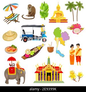 Thailand icons set with elephants coconuts beaches and boats cartoon isolated vector illustration Stock Vector