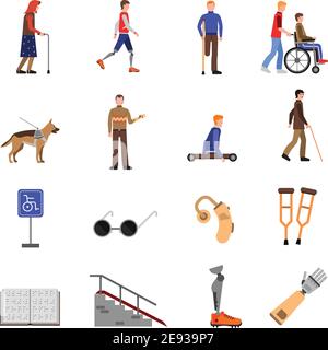 Disabled people signs and accessories flat icons set with guide dog and wheelchair abstract isolated vector illustration Stock Vector