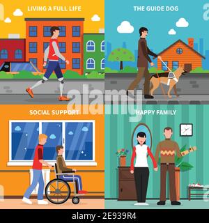 Disabled handicapped people living full life with social support 4 flat icons square composition abstract isolated vector illustration Stock Vector