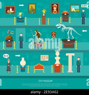 City museum exhibition with exposure of arts and paleontology exhibits and guards flat vector illustration Stock Vector