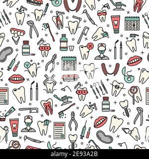 Seamless pattern with line dentistry icons. Dental flat vector elements. Stock Vector