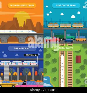 Train concept icons set with high-speed train tram and monorail flat isolated vector illustration Stock Vector