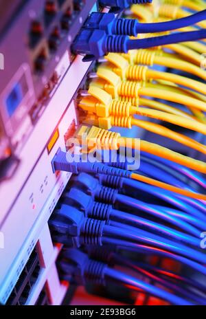 Server rack with blue and red internet patch cord cables connected to black patch panel in data server room Stock Photo