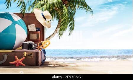 Unpacked travel suitcase on the beach anther the palm tree. Summer concept background 3D Rendering Stock Photo