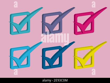 Collection of six check mark in 3D. Isolated flat vector illustration. Stock Vector