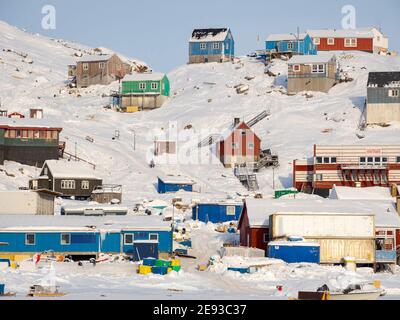 The traditional and remote greenlandic inuit village Kullorsuaq located at the  Melville Bay, part of the Baffin Bay, in the far north of West Greenla Stock Photo