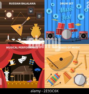 Musical instruments concept icons set with musical performance symbols flat isolated vector illustration Stock Vector