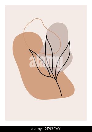 Boho wall art. Minimal vector picture with foliage and abstract organic shapes Stock Vector