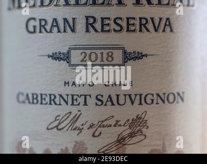 Chilean Cabernet Sauvignon 2018 wine label closeup Stock Photo