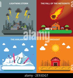 Natural disaster concept 4 flat icons square composition banner with meteorite and drought abstract isolated vector illustration Stock Vector