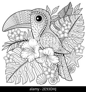 Coloring book for adults. Toucan among tropical leaves and flowers. Coloring page for relax and relif Stock Vector