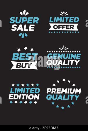 Collection of labels and symbols with super sale, limited offer, best buy, genuine quality, limited edition and premium quality. Isolated flat vector Stock Vector