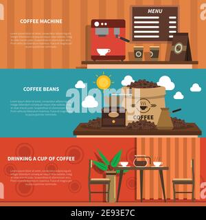 Cafe bar with coffee machine and decorative sacks with beans 2 flat horizontal banners abstract vector illustration Stock Vector