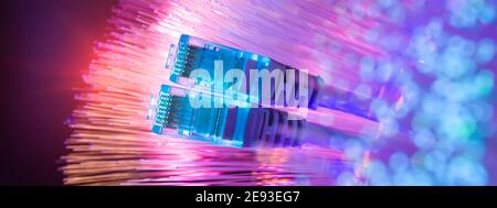 network cables with fiber optical background Stock Photo