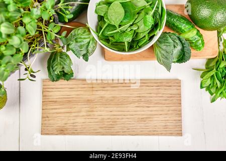 Flat lay of series of assorted green vegetables, fresh organic raw produce, healthy food clean eating, for healthy cooking, Vegetarian and vegan food, Stock Photo