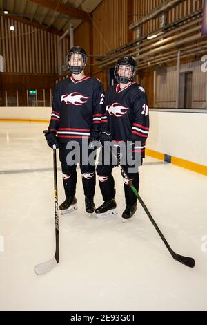 Boy hockey players standing on ice Stock Photo