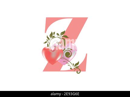 Floral alphabet, letter Z  with two hearts. Monogram initials for wedding invitations, greeting card etc. Valentine's day concept Stock Vector