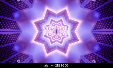 Abstract 3D illustration of symmetric purple star shaped ornament forming tunnel with neon illumination Stock Photo