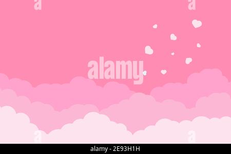 Pink sky, rose clouds with hearts landscape background for Valentines day. Border of cloud flat cartoon style. Cloudy heaven scene layered effect. Design panorama for banner poster Vector illustration Stock Vector