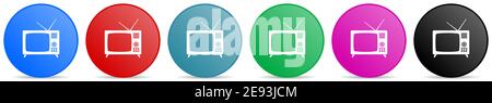 Retro television, tv and video screen vector icons, set of circle gradient buttons in 6 colors options for webdesign and mobile applications Stock Vector