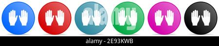 Gloves, hands protection vector icons, set of circle gradient buttons in 6 colors options for webdesign and mobile applications Stock Vector