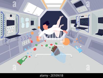 Astronauts inside space station flat color vector illustration Stock Vector