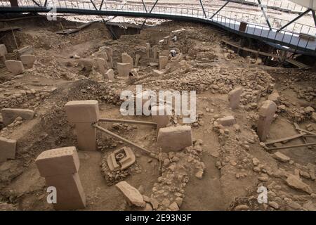 Aerial view of the excavated ruins at Göbekli Tepe, a Neolithic archaeological site in Southeastern Turkey. Stock Photo