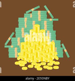 Many golden coins stacks and paper money vector illustration background Stock Vector