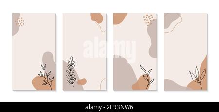 Minimal organic instagram stories template. Vector set of vertical abstract backgrounds in boho style with plants and organic shapes Stock Vector