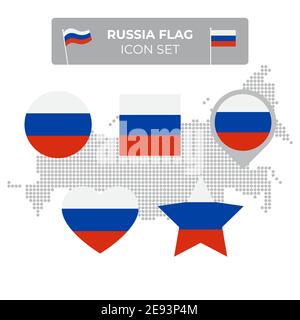 Russia flag icons set in the shape of square, heart, circle, stars and pointer, map marker. Mosaic map of russia. Russian flag. Flat style. Vector sym Stock Vector
