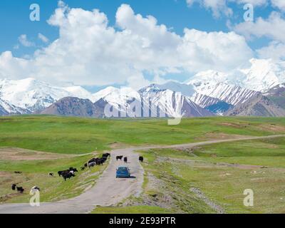 The road to Kyzyl Art mountain pass to Tajikistan. The Alaj valley with the Transalai mountains in the background.  The Pamir Mountains,  Asia, Centra Stock Photo