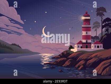 Lighthouse - vector landscape. Sea landscape with beacon on shore and crescent in clouds. Vector horizontal illustration in flat cartoon style. Stock Vector