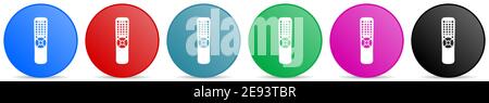 Tv remote control, television vector icons, set of circle gradient buttons in 6 colors options for webdesign and mobile applications Stock Vector