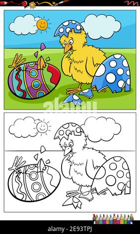 Cartoon illustration of Easter chick hatching from colored egg coloring book page Stock Vector