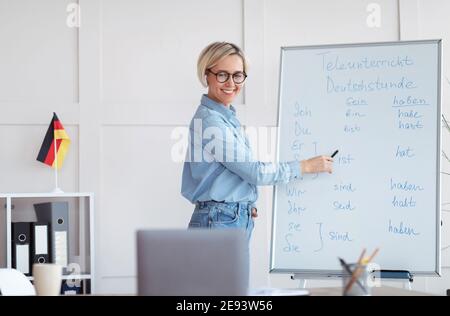Studying German online. Friendly female teacher giving foreign language lesson online, explaining grammar to pupils Stock Photo
