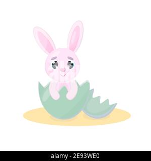 Cute cartoon pink easter bunny sitting in an easter egg looking at the viewer with cute eyes isolated vector illustration on a white background Stock Vector