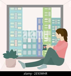 The girl sits by the window and drinks coffee. Vector of a girl with a cup at the window, dreaming and sad. Girl in an apartment overlooking the city Stock Vector