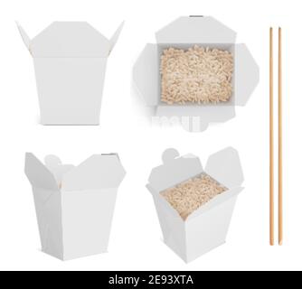 Download White Box With Rice And Chopsticks Paper Packaging For Chinese Or Japanese Food Vector Realistic Mockup Of Bamboo Sticks And Open Blank Takeaway Boxes With Boiled Basmati In Front And Top View