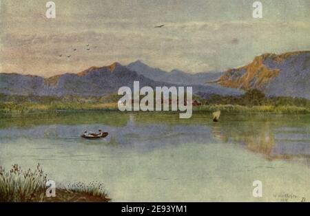 At Lakeside, looking towards Constantia, Cape Town From the book ' The Cape peninsula: pen and colour sketches ' described by Réné Juta and painted by William Westhofen. Published by A. & C. Black, London  J.C. Juta, Cape Town in 1910 Stock Photo