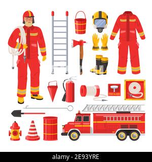Firefighter uniform and equipment set, flat vector illustration. Fireman, red fire engine, water hose, extinguisher etc. Stock Vector