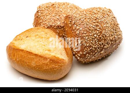 Various bread rolls isolated against white - wheat and wholemeal bread rolls Stock Photo