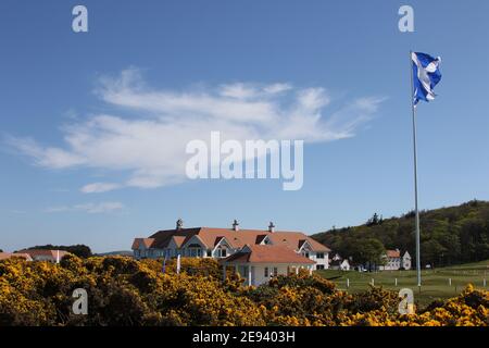 Turnberry Golf Club, South Ayrshire, Scotland, UK. The world famous Trump Turnberry Golf Courses sits on a beautiful peninsula of links land on the coast of South Ayrshire. Photo from the first tree with the large saltire flag flying Stock Photo