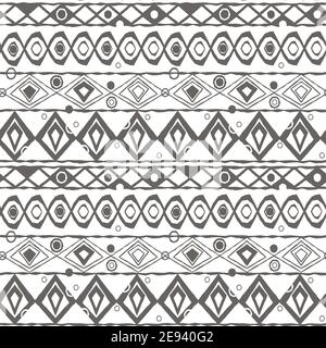 Gray seamless geometric endless pattern of curved circles, arcs, rhombuses, triangles. Ethnic motives on white background. Hand drawn effect Stock Vector
