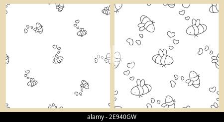 Set of two Seamless repeat cute patterns for coloring book. White black isolated bees are in love with hearts near their heads are arranged in no part Stock Vector