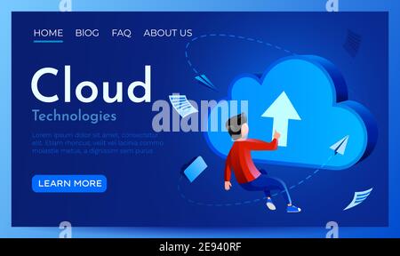 People fly around cloud sign. Hosting, cloud storage or data downloading concept. Landing page website template. Vector illustration Stock Vector