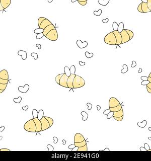Yellow black white isolated cute bees are in love, hearts are near their heads are arranged in no particular order. Seamless repeat pattern on white b Stock Vector