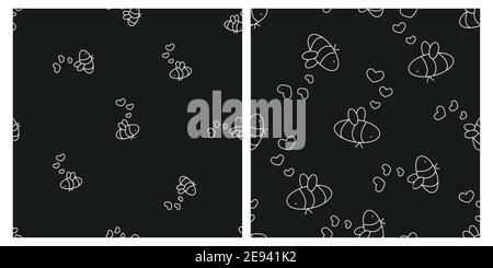 Set of two seamless cute repeat patterns. Gray and white isolated bees are in love with hearts near their heads are arranged in no particular order. C Stock Vector