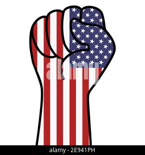 Raised usa flag fist. Fist shape american flag color. Stars stripes american hand. Patriotic demonstration, rebel, protest, fighting for human rights. Stock Vector